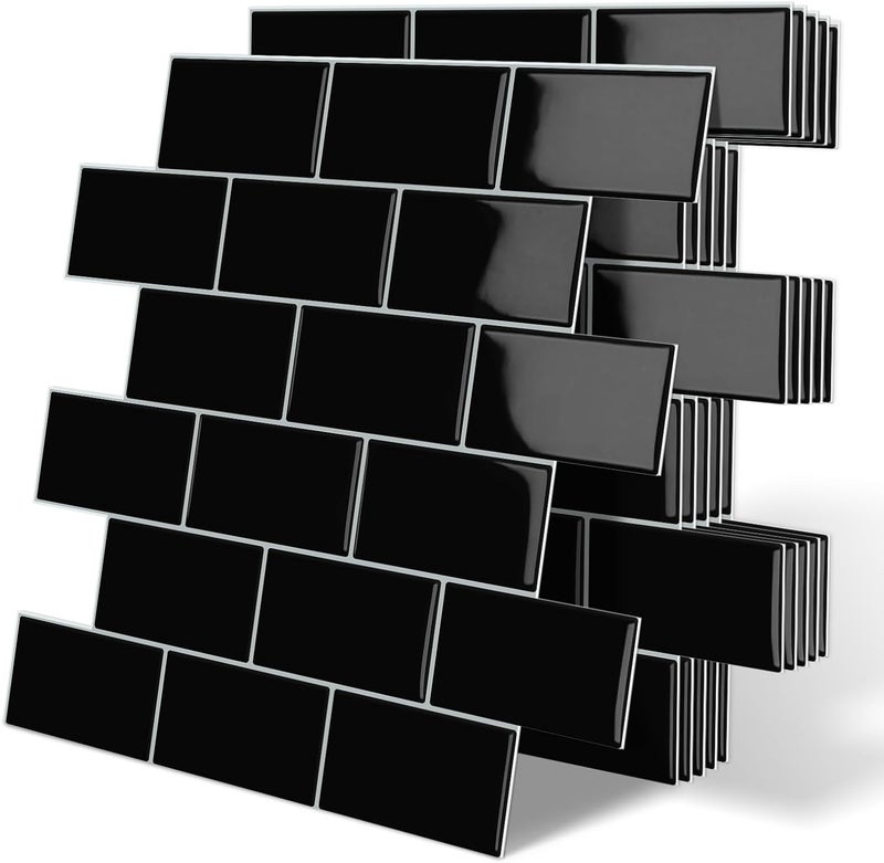 Tiwoos Thick Black Peel and Stick Subway Tile Backsplash Self Adhesive for Kitchen Bathroom Wall (10-Sheet, 12"×12") - Image 1